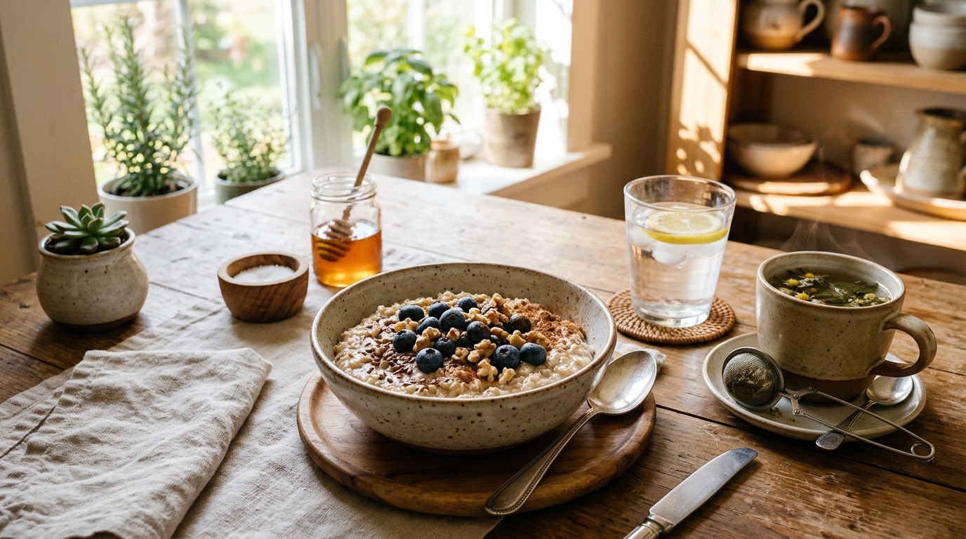 Warmer Haferbrei mit frischen Blaubeeren, gehackten Walnüssen und Kräutertee