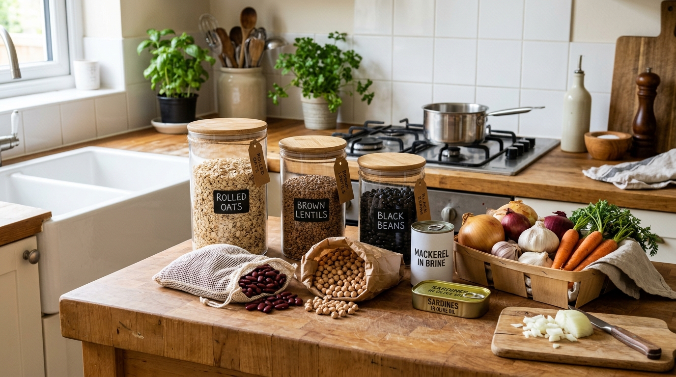 Vorratsgläser mit Linsen, Haferflocken und Gemüsekiste in der Küche