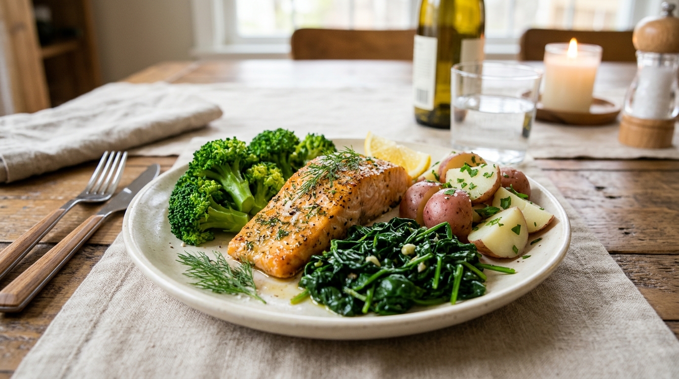 Ausgewogenes Abendessen mit gedämpftem Brokkoli, Lachs und Petersilienkartoffeln