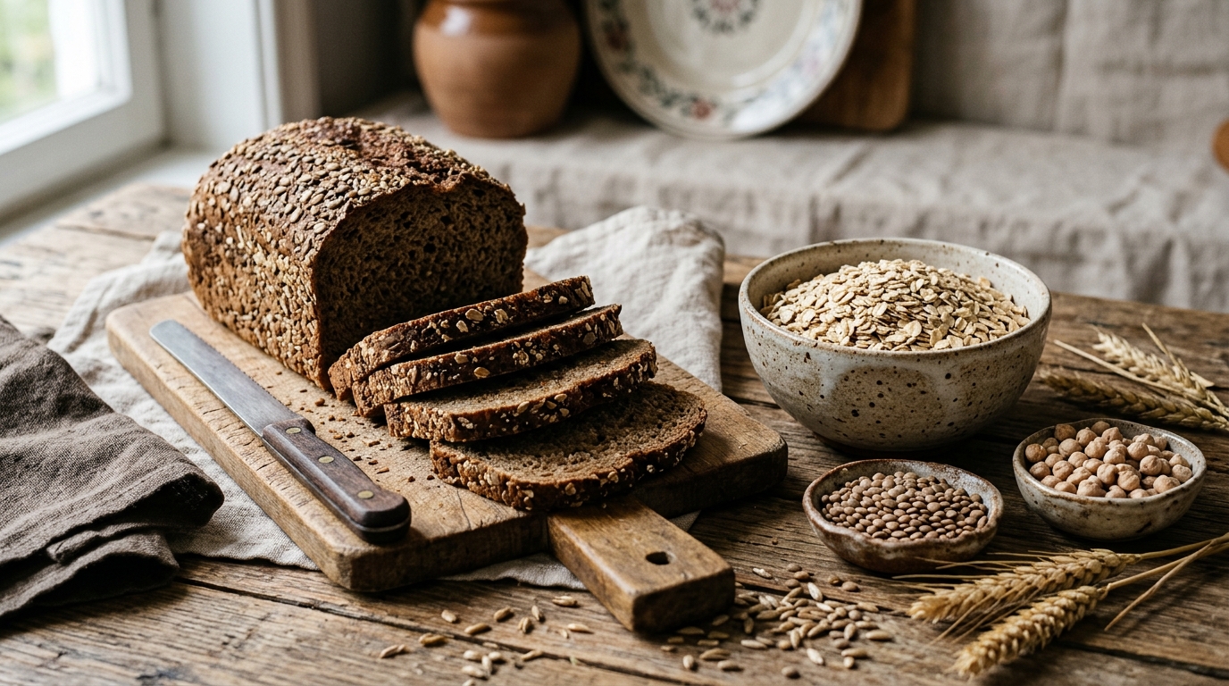 Traditionelles Roggenvollkornbrot, Haferflocken, Linsen und Kichererbsen
